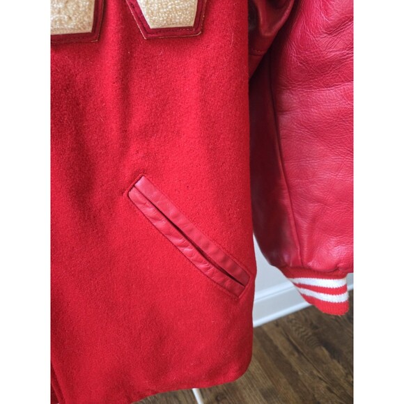 Vintage Men's Sz Large Red Varsity Letterman Leather Sleeves Bomber Jacket Coat - Picture 7 of 16